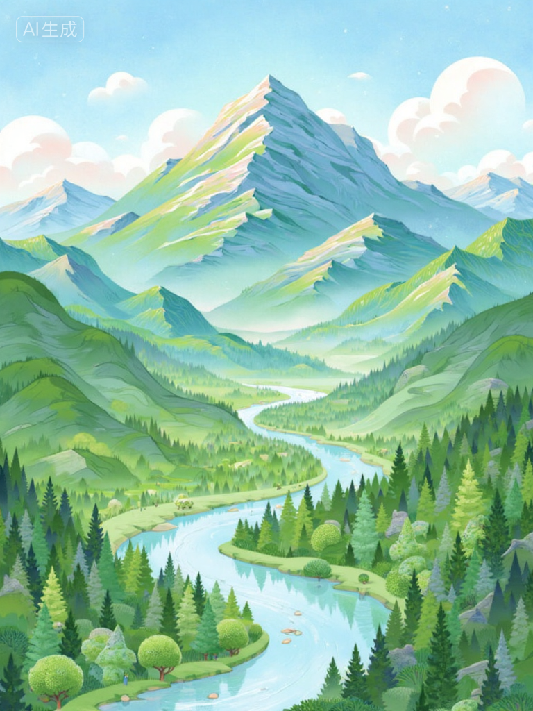 梦幻山谷湖景插画