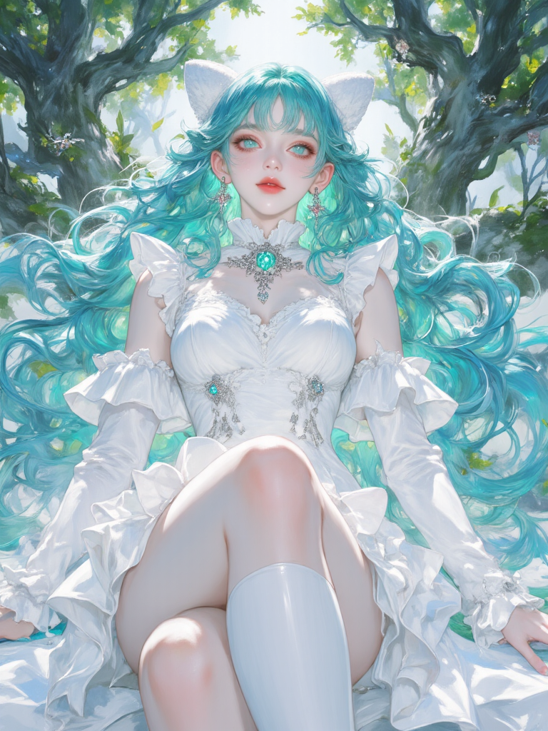 森林中静坐的白裙妖精少女