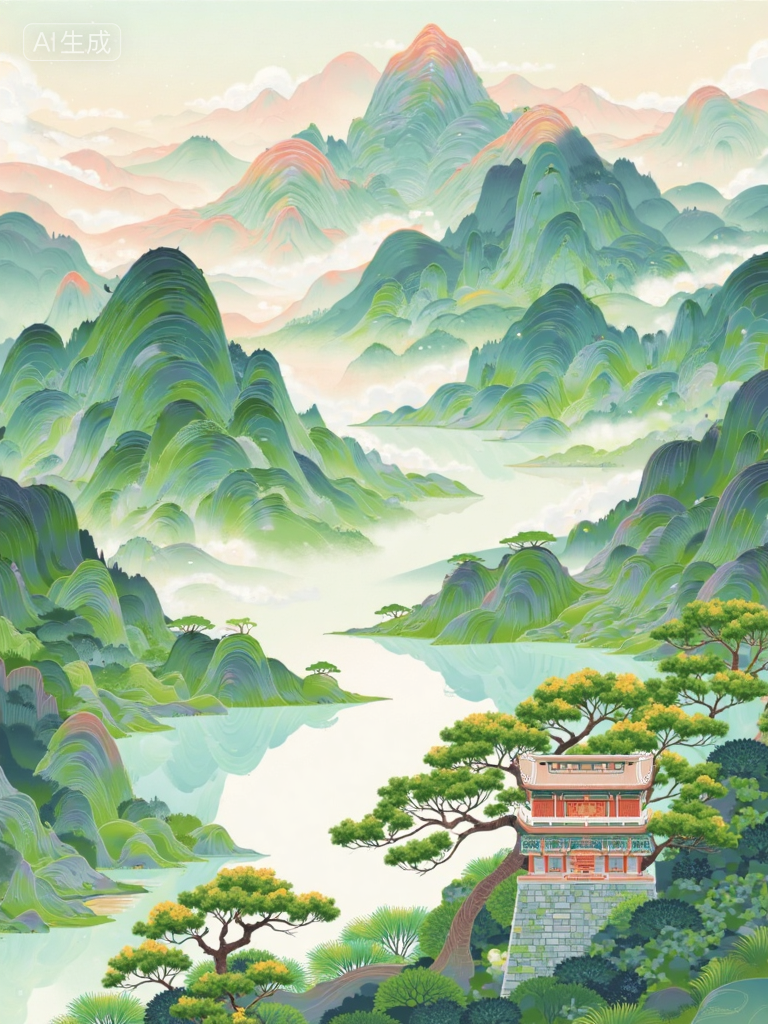 梦幻山谷湖景插画