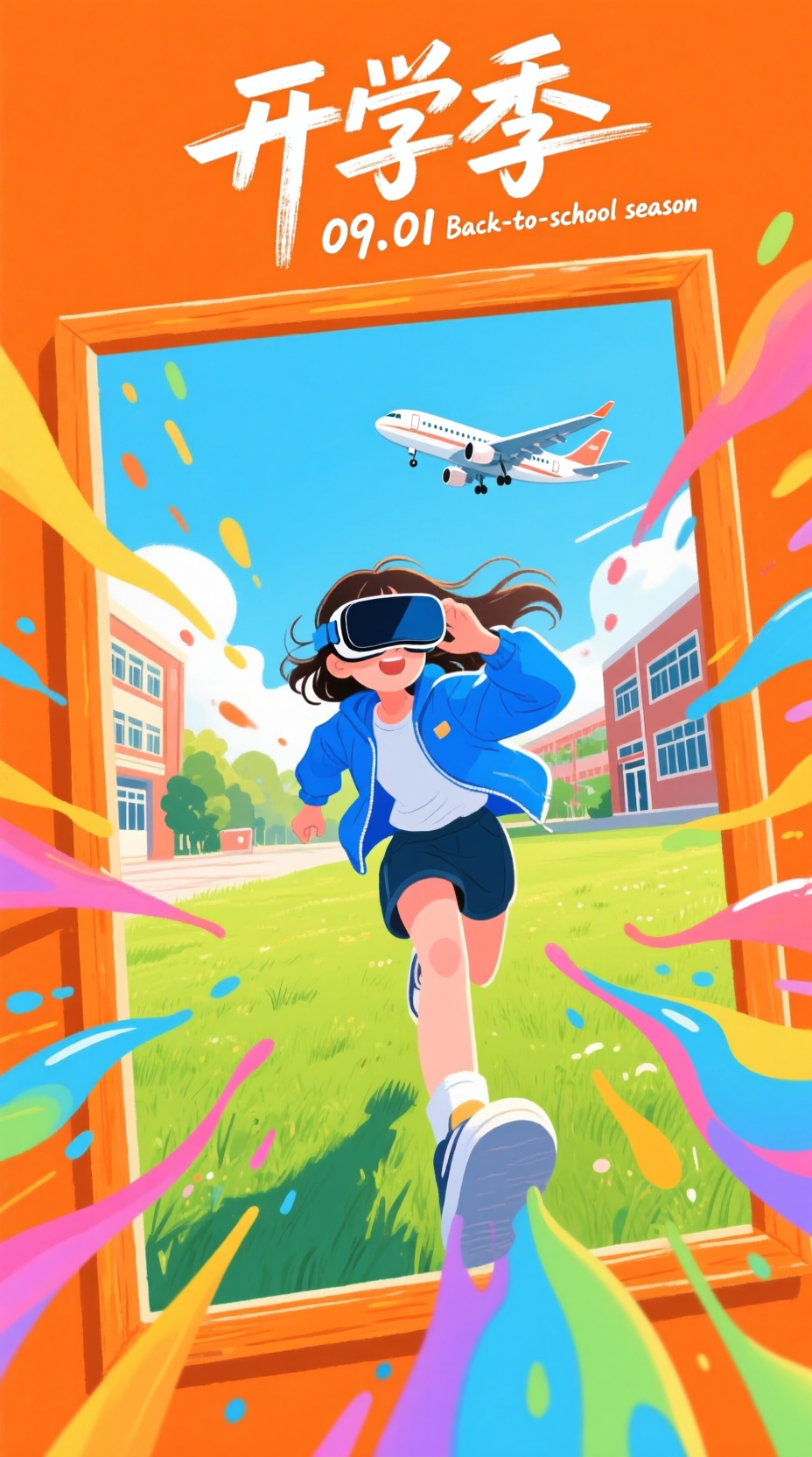 开学季元气奔跑的女孩与校园启程海报