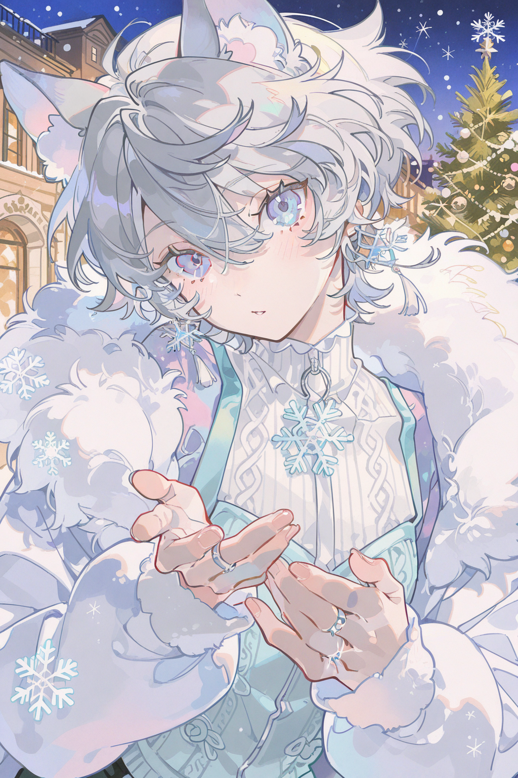 冬日雪夜中的猫耳少年插画