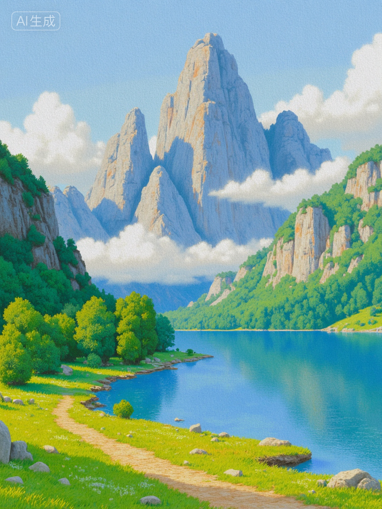 梦幻山谷湖景插画