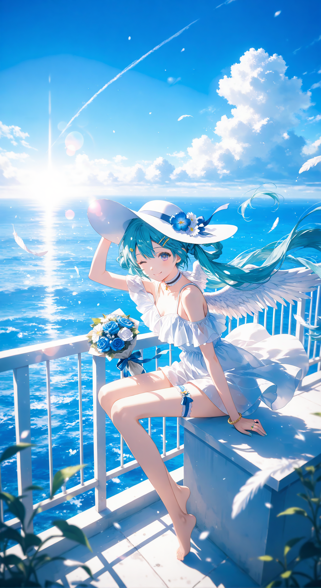 海边阳光下的白裙蓝发少女