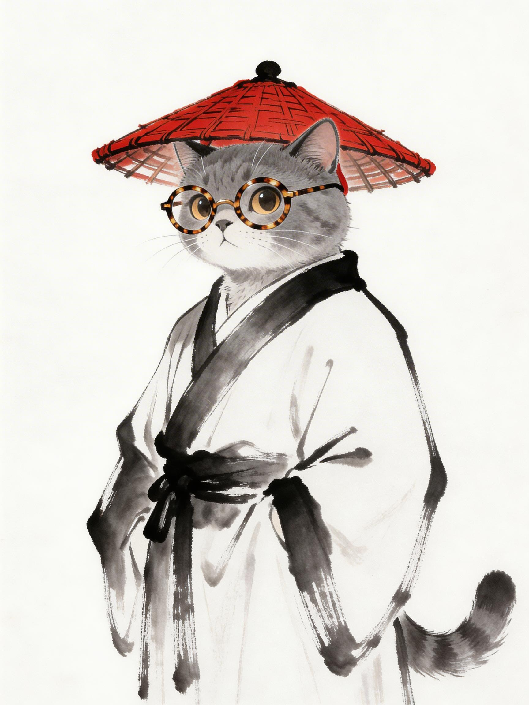 戴草帽和眼镜的水墨风猫咪