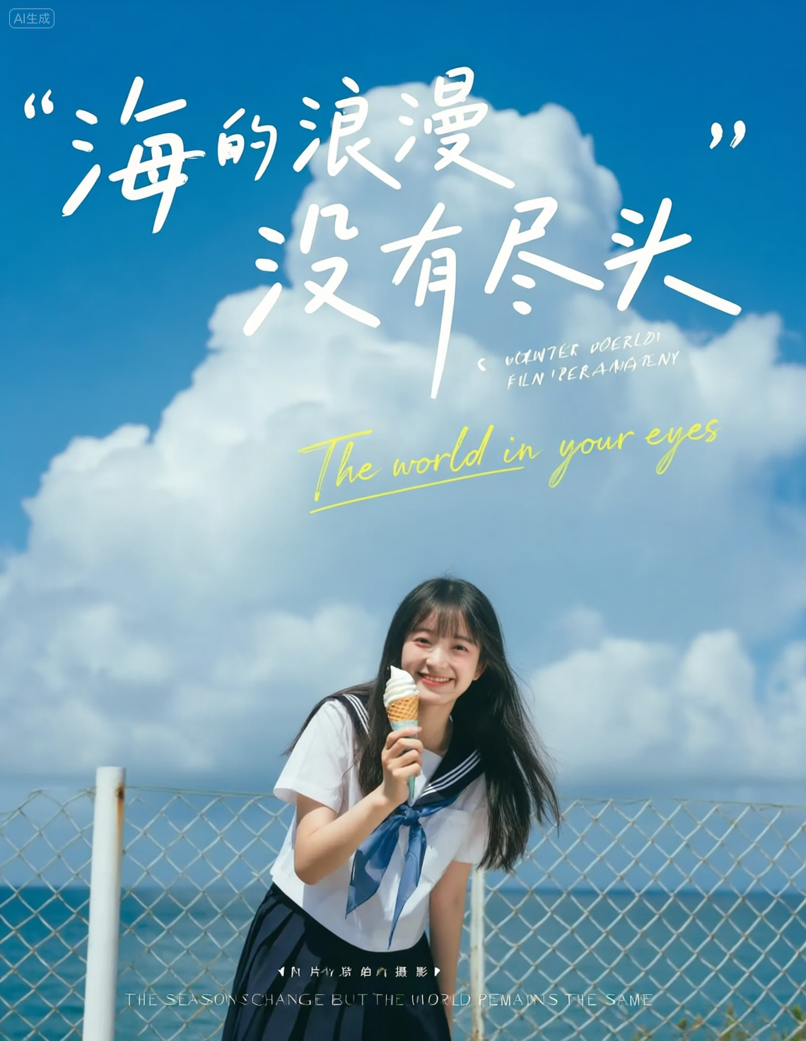 海边夏日少女与蓝天白云的清新海报