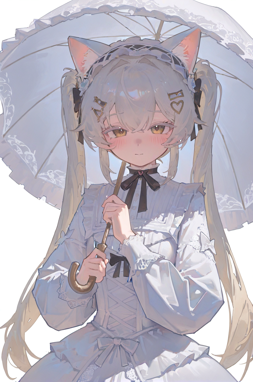 手持白伞的猫耳双马尾少女