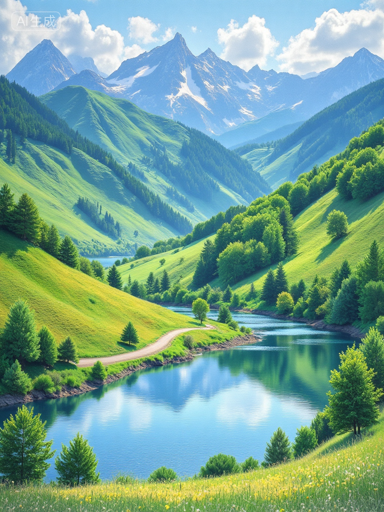 梦幻山谷湖景插画