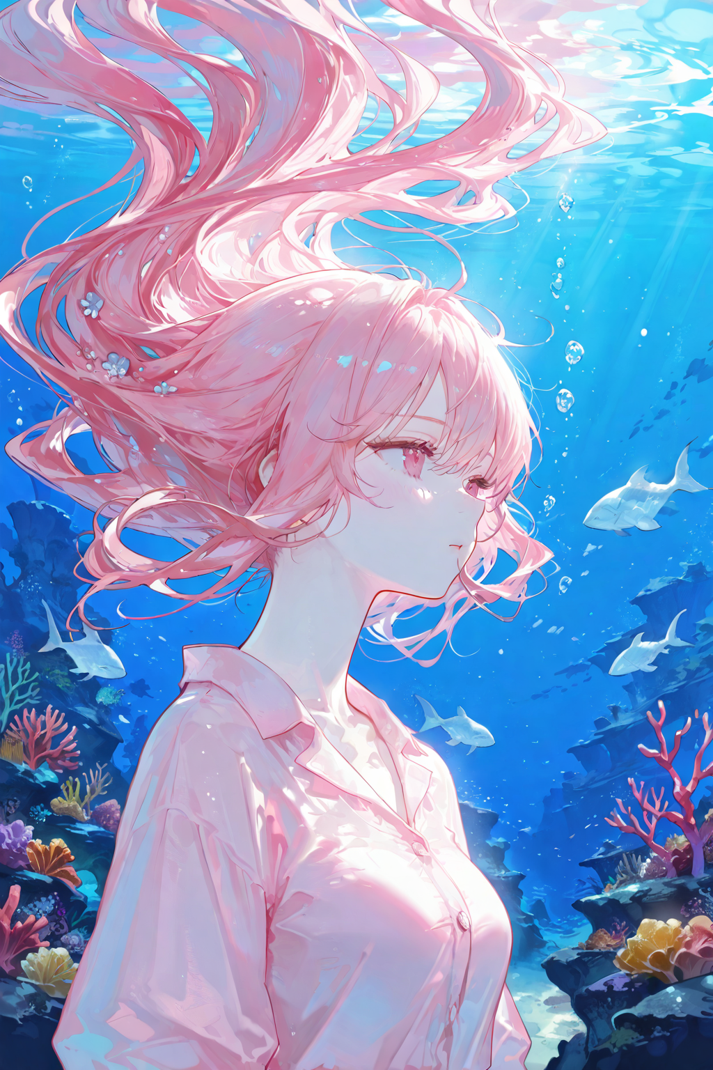 梦幻海底中的粉发少女
