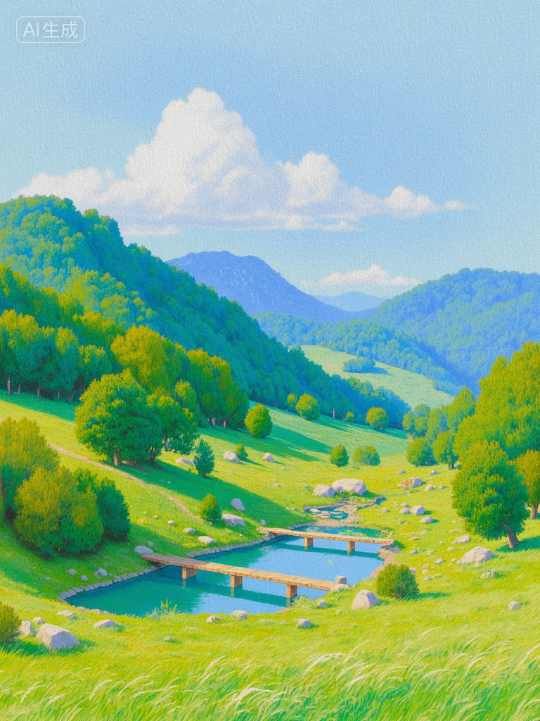 梦幻山谷湖景插画