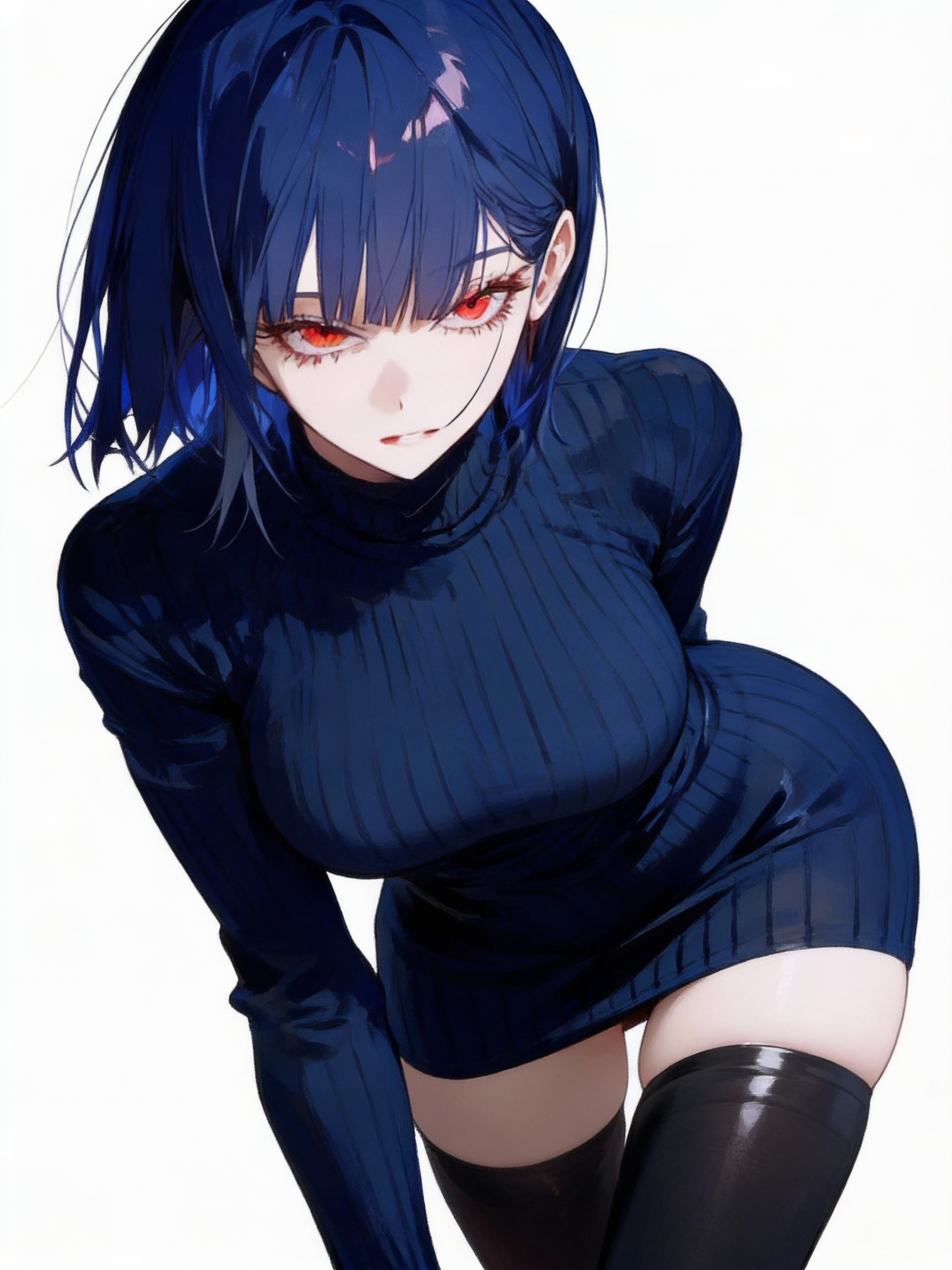 深蓝色高领修身连衣裙的动漫风女性形象