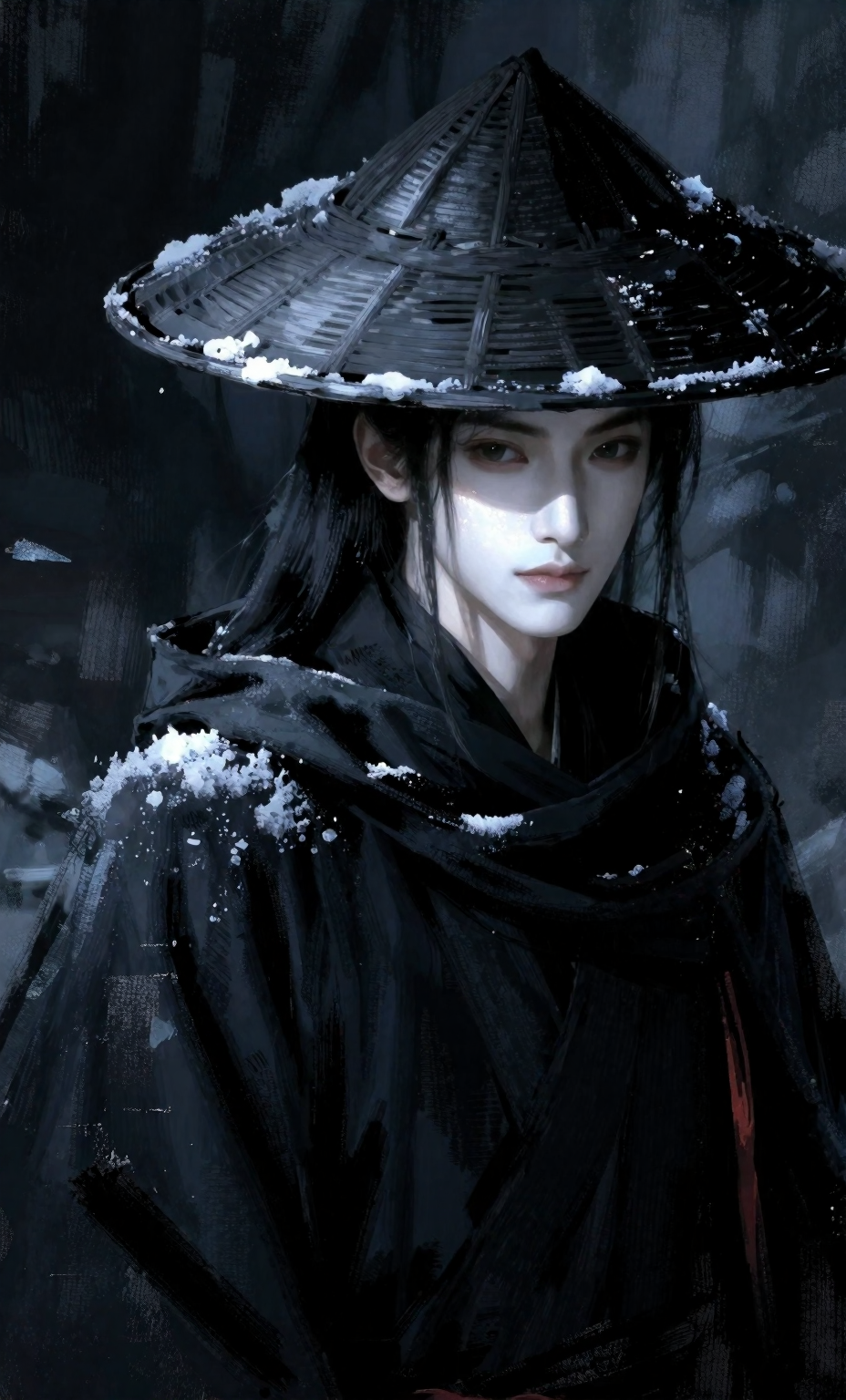 雪夜黑衣斗笠人物肖像