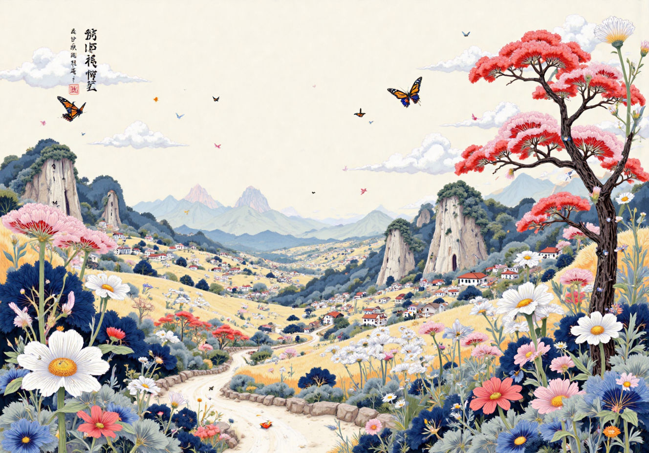春日山谷花海与飞鸟蝴蝶的国风插画