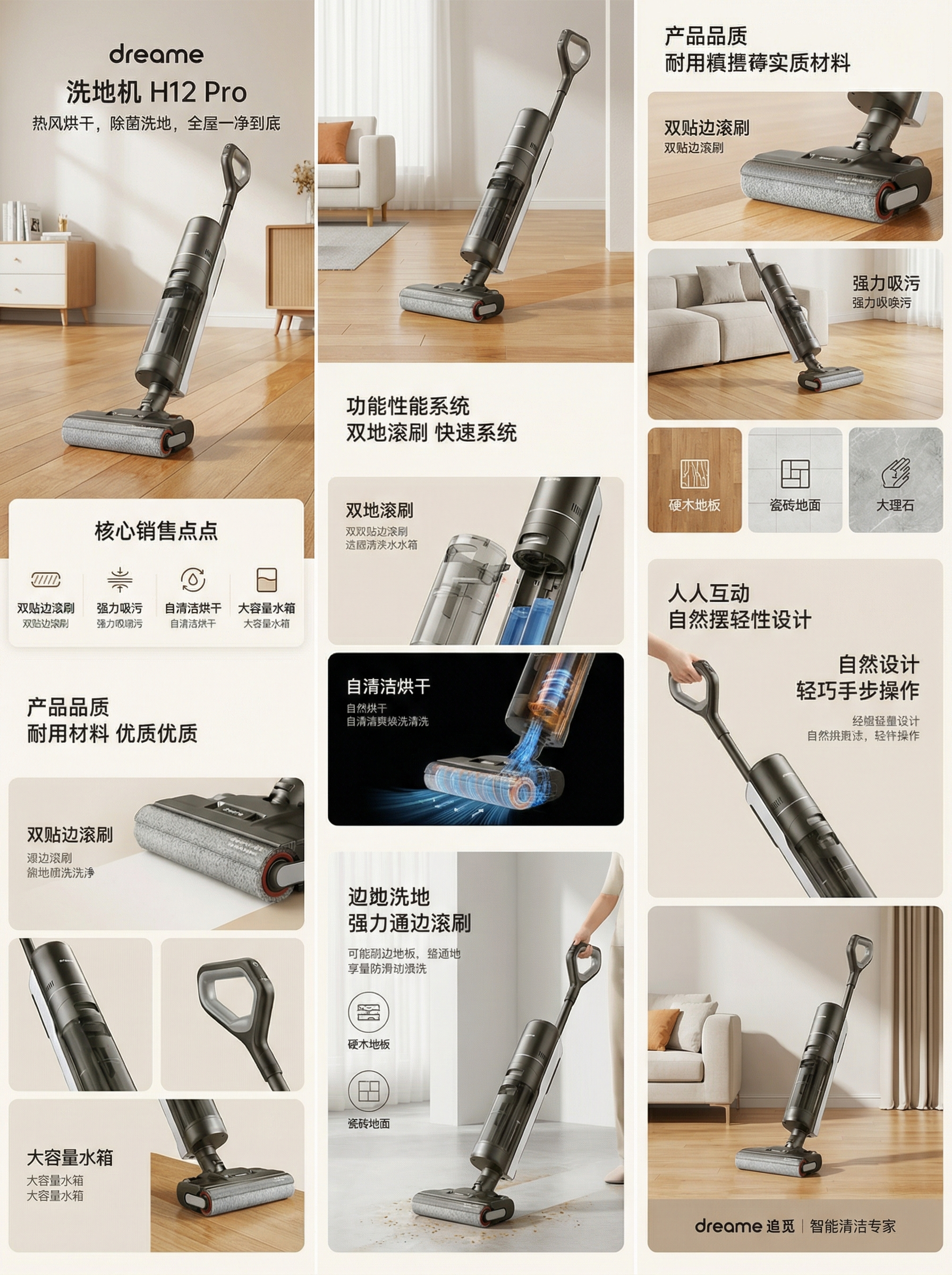 Dreame H12 Pro 湿干两用洗地机功能宣传海报