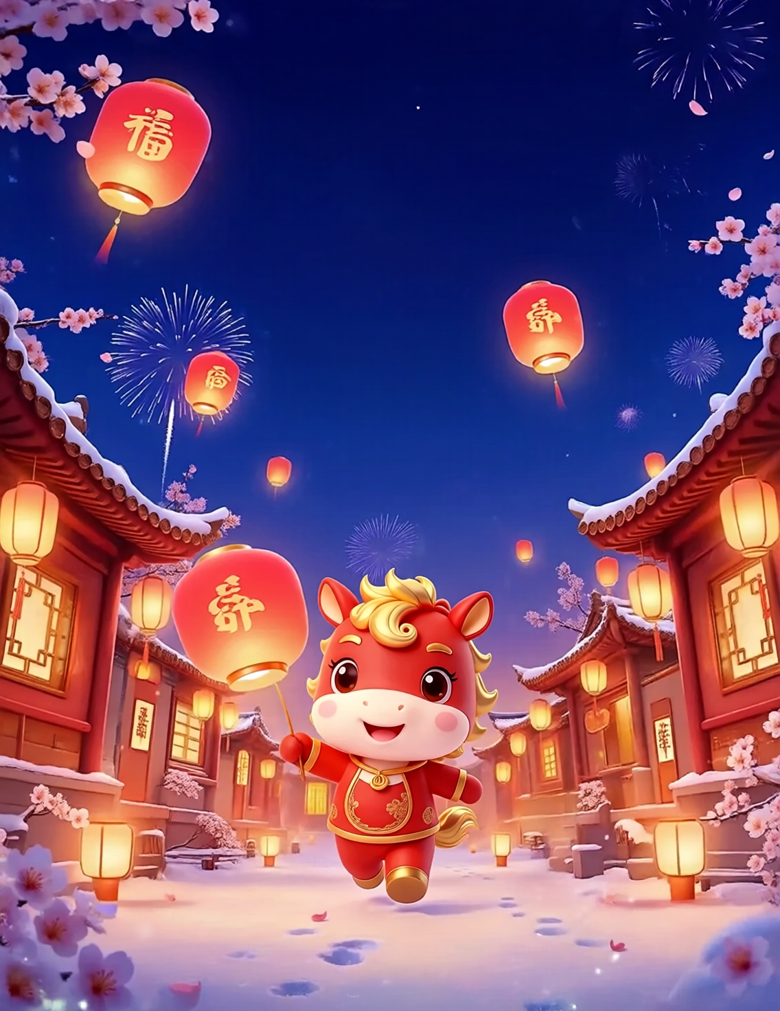 春节雪夜里的福气小马灯笼巡游