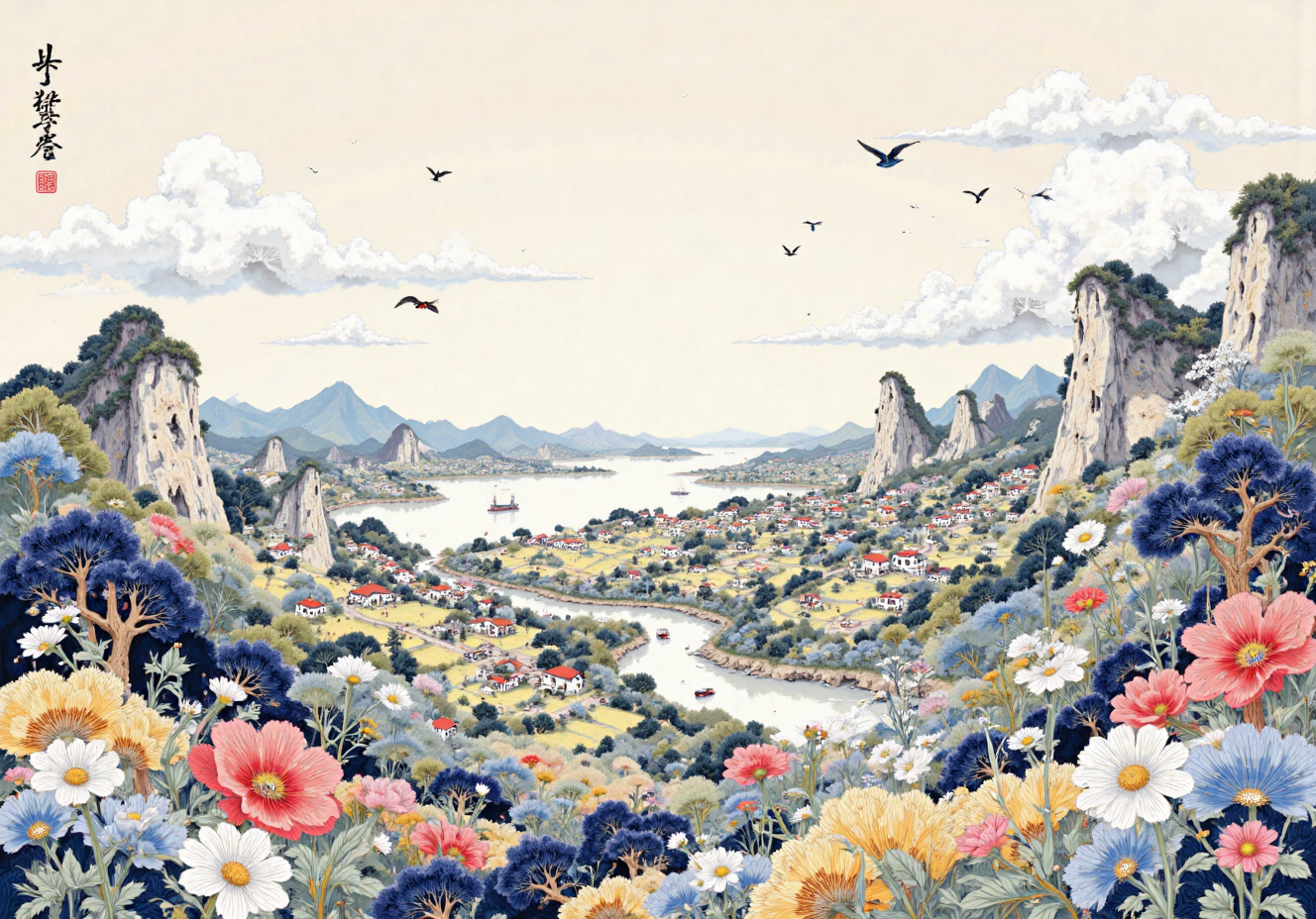 春日山谷花海与飞鸟蝴蝶的国风插画