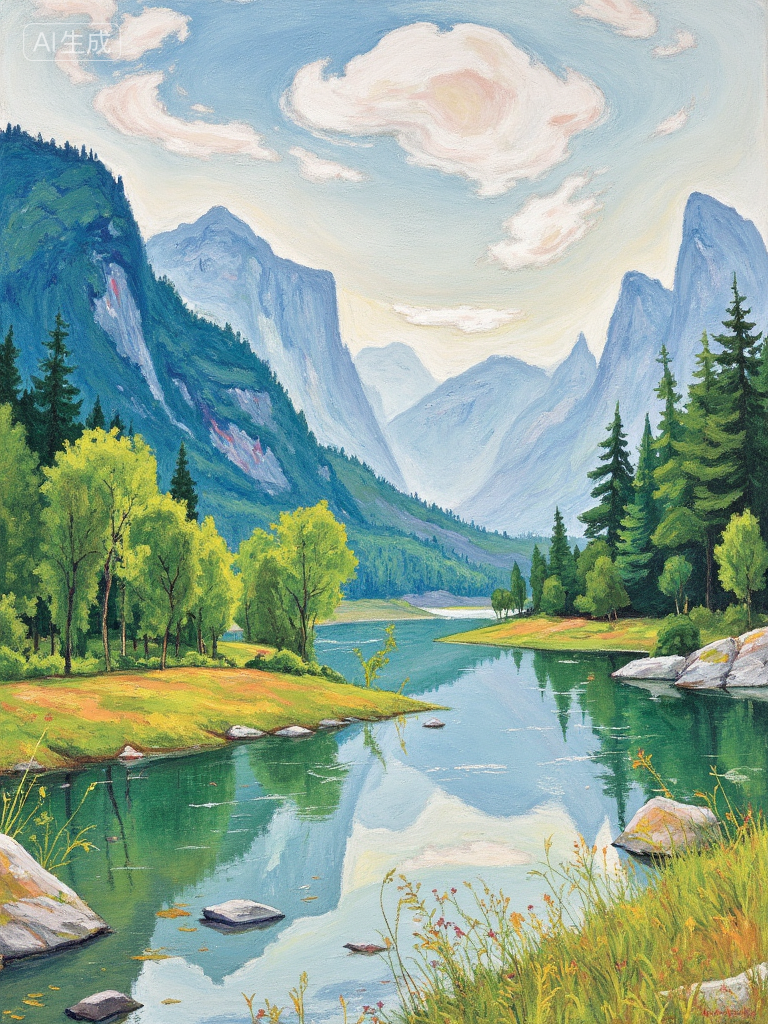梦幻山谷湖景插画