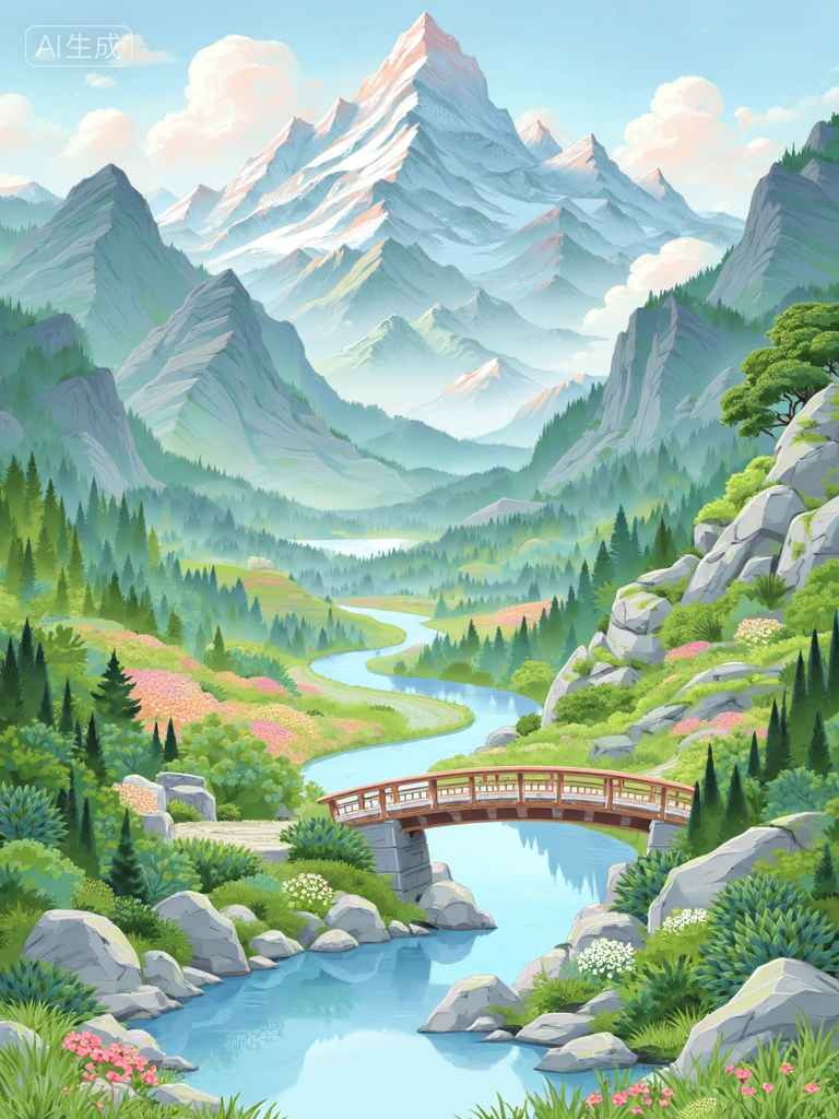梦幻山谷湖景插画