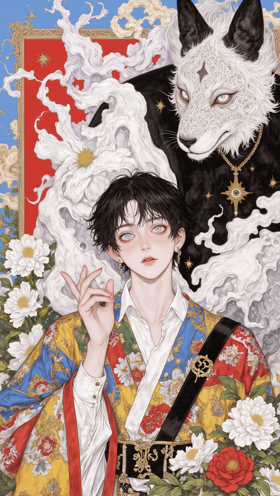 华服少年与狐面幻兽的华丽插画