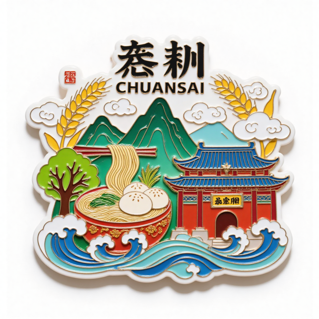 襄荆文创徽章：山水、面食与古建筑主题